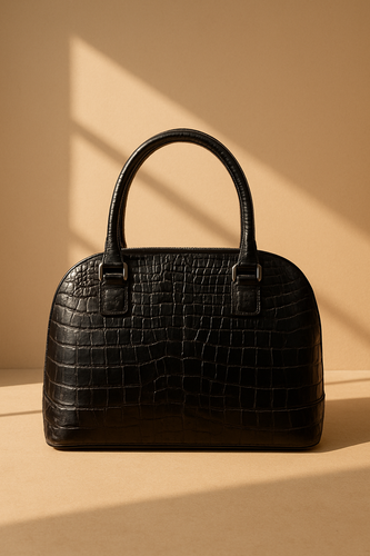 «کیف دستی زنانه مشکی با طرح چرم کروکودیل و دستههای کوتاه»